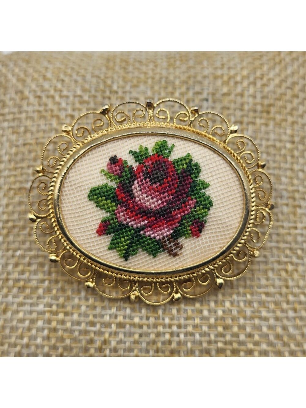 Vintage Petit Point Needlepoint Handmade Austria Floral Rose Filigree Brooch Pin